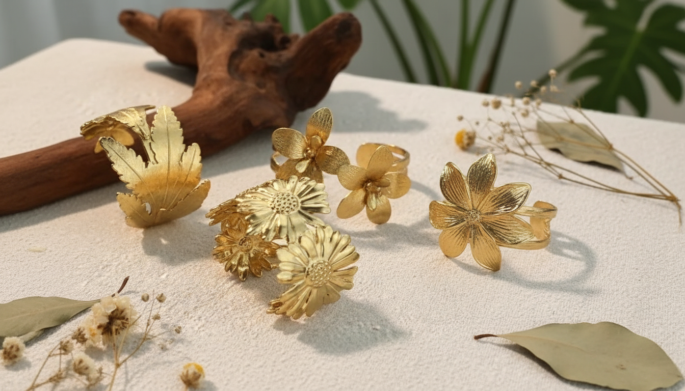 Gold Wide Cuff Bracelet: Retro Floral Leaf Statement