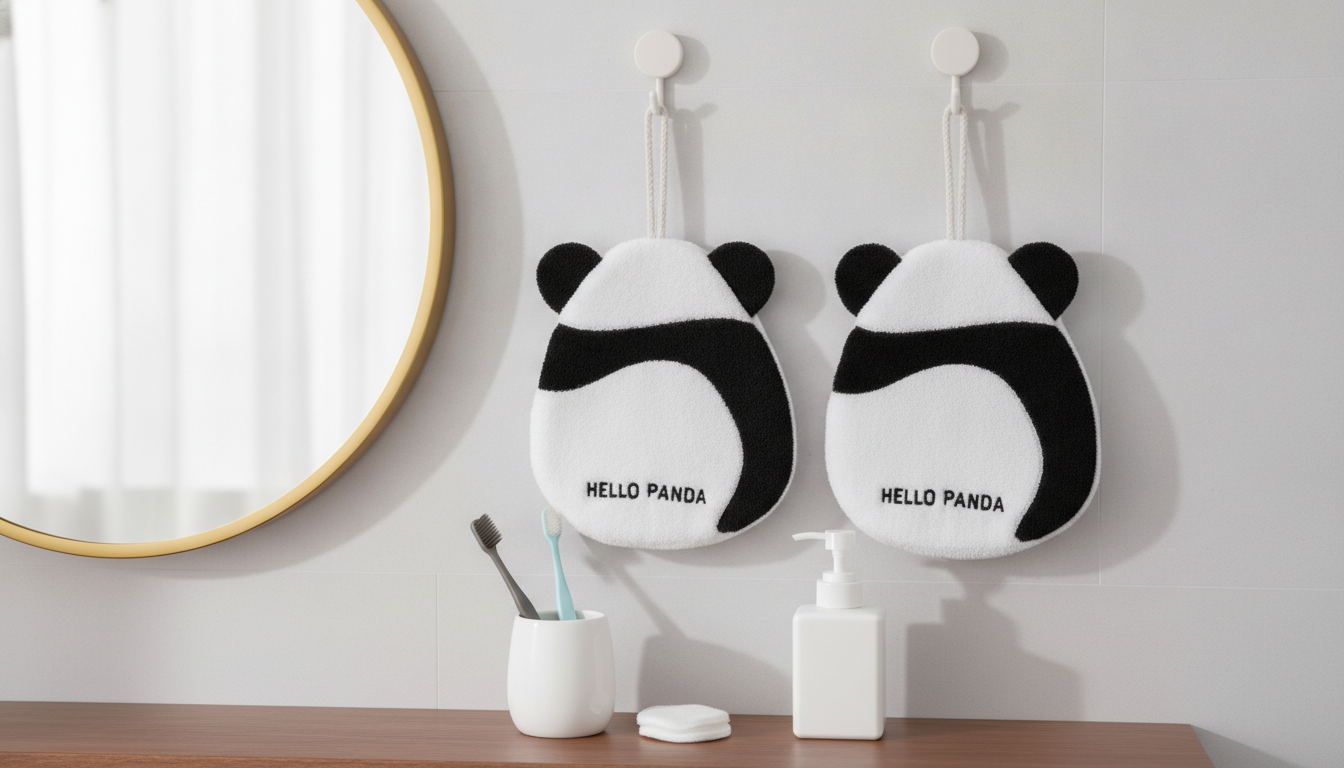 Panda Coral Fleece Hand Towel with Hanging Loop