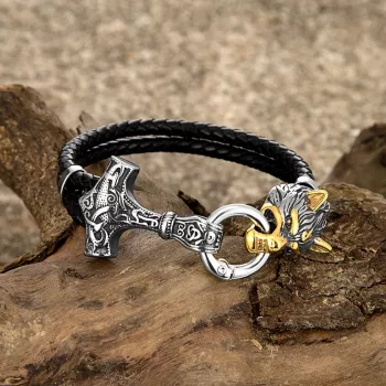 Retro Viking Leather Bracelet: Mjolnir & Odin Wolf